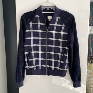 Navy Blue Plaid Suede Bomber Jacket